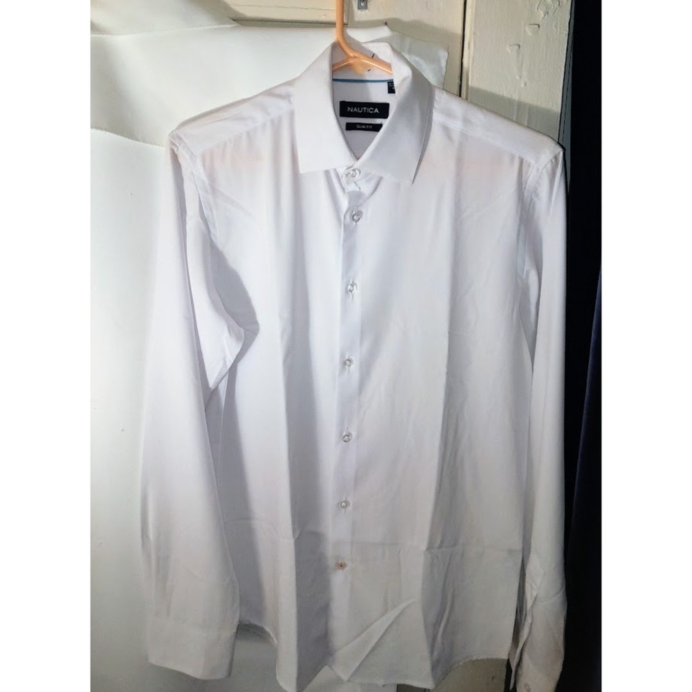 Nautica Men's Small White Long Sleeve Button Down T-Shirt - Slim Fit